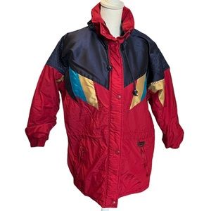 VTG 80s hot music winter ski jacket red blue gold hood women large zipper winter